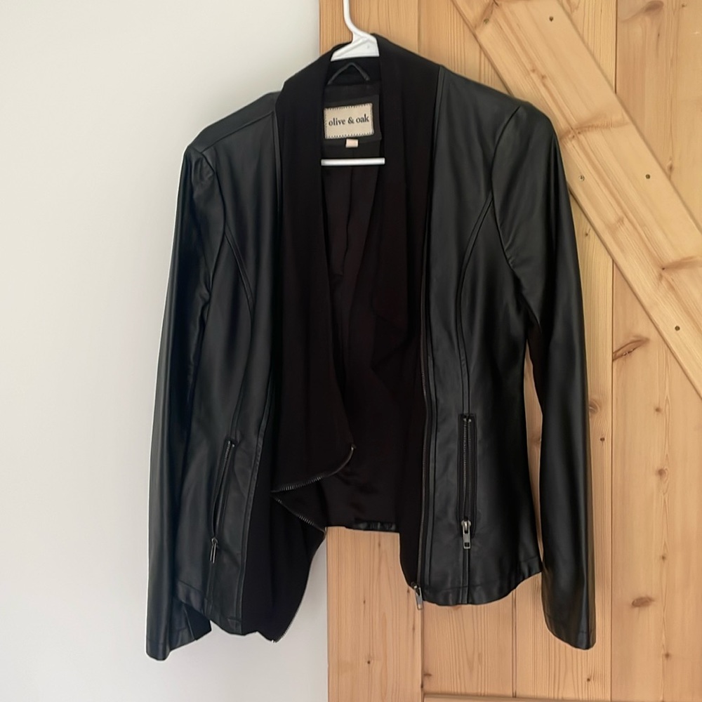 Olive & oak black faux leather jacket side zip guc
